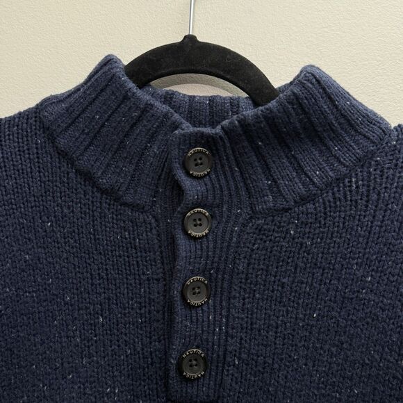 Nautica Men’s XL Navy Button Mock Neck Wool Blend Sweater Cozy Cabin Gorp Core - Picture 4 of 8